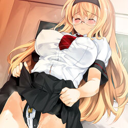 1girls aburidashi_zakuro blonde_hair blush breasts chastity chastity_belt chastity_device closed_eyes copyright_request erect_nipples female female_chastity female_only glasses hairband large_breasts long_hair lowres pussy_juice school_uniform skirt skirt_lift solo