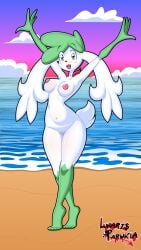 2024 absurd_res anthro areola beach blush bodily_fluids breasts digital_media_(artwork) exhibitionism female floppy_ears full-length_portrait generation_4_pokemon genital_fluids genitals green_eyes green_hair hair hi_res innie_pussy legendary_pokemon lunaris_parukia navel nintendo nipples nude open_mouth open_smile pink_areola pink_nipples pokemon pokemon_(species) pokemorph portrait pose pussy raised_arms seaside shaymee_(lunaris_parukia) shaymin sky_forme_shaymin smile smiling_at_viewer solo tiptoes vaginal_fluids white_body