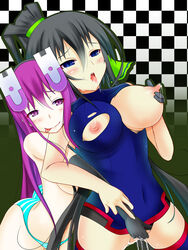 2girls :p ass bare_shoulders black_hair blue_eyes blush breast_grab breast_press breasts elbow_gloves female hair_ribbon highres incest infinite_stratos large_breasts multiple_girls nipples no_bra one-piece_swimsuit open_mouth panties ponytail purple_eyes purple_hair pussy_juice saliva shinonono_houki shinonono_tabane siblings sisters skin_tight smile striped striped_panties swimsuit tear thighhighs tied_hair tongue torn_clothes underwear very_long_hair yuri