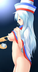 blue_eyes breasts hakata-san hat high_resolution long_hair nipples nude personification poncho salt-chan white_hair