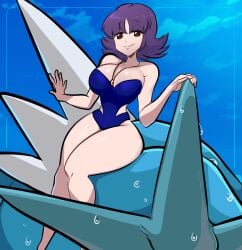 belly breasts cleavage clothed clothing crop_top female female_focus female_only gyarados human human_only missandydandy nintendo philena_ivy pokemon pokemon_professor professor_ivy_(pokemon_anime) solo solo_female