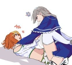 2girls absurdres anger_vein atenaba blue_capelet blue_dress blue_eyes braid brown_hair capelet catfight commentary cropped_shirt dress fighting french_braid grey_hair highres kanne_(sousou_no_frieren) lawine_(sousou_no_frieren) long_hair lying medium_hair multiple_girls navel off_shoulder on_back open_mouth orange_eyes orange_hair shirt short_hair simple_background sousou_no_frieren sweatdrop symbol-only_commentary white_background white_shirt yuri