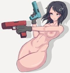 alternate_version_available birdb55 breasts completely_nude completely_nude_female evie_(fortnite) female female_only fortnite gloves gloves_only gun gunpoint guns hair_ornament hoop_earrings licking_lips looking_forward looking_up nude nude_female pointing_gun pussy shiny shiny_hair shiny_skin solo solo_female thick_thighs weapon