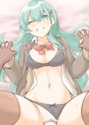 1boy akara_kai black_bra black_panties bra breasts brown_cardigan brown_jacket brown_socks cardigan censored commentary condom female green_eyes green_hair hand_grab highres jacket kantai_collection kneehighs long_hair missionary navel neck_ribbon no_pants panties red_ribbon ribbon scribble_censor socks solo suzuya_(kancolle) suzuya_kai_ni_(kancolle) sweat underwear vaginal_penetration