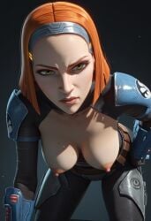 ai_generated angry angry_face annoyed areola areolae bare_breasts bent_over bo-katan_kryze clone_wars duchess_eugene freckles freckles_on_breasts hairband leaning_forward mandalorian mandalorian_armor nipples orange_hair short_hair stable_diffusion star_wars