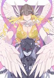 2girls angel angel_wings angewomon demon demon_girl digimon digimon_(species) female female_only futa_yuri_ryona ladydevimon yuri