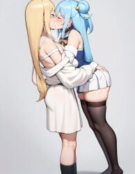 2girls ai_generated aqua_(konosuba) black_stockings blonde_hair blue_hair closed_eyes clothed cum cum_in_mouth cum_kiss cum_on_face cum_swap cum_swapping darkness_(konosuba) kissing kissing kono_subarashii_sekai_ni_shukufuku_wo! legwear lesbian_kiss morindar stockings yellow_hair yuri yuri