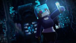 3d big_breasts black_background blue_background blue_eyes brown_hair cave diamond_helmet flower jenny_belle_(slipperyt) mcyt mine-imator minecraft minecraft_youtubers slipperyt smile tagme thick_thighs torch twitch twitch.tv twitch_streamer twitter twitter_username warden_(minecraft) youtube youtuber youtubers