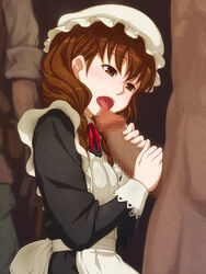 apron archenemy_and_hero big_sister_maid braid breasts brown_eyes brown_hair fellatio hat highres long_hair maid multiple_boys oral takeda_yukimura