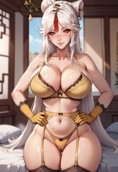 ai_generated big_breasts busty cameltoe curvymature_female garter_belt genshin_impact gloves lingerie mommy ningguang_(genshin_impact) red_eyes stockings sweat thick_thighs white_hair