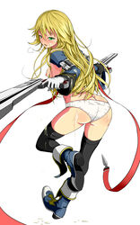 artist_request ass blazblue blonde_hair blush breathing bukkake cum cum_on_ass cum_on_body cum_on_chest cum_on_lower_body cum_on_upper_body detached_sleeves dual_wield dual_wielding embarrassed facial girigiri green_eyes highres necktie noel_vermillion panties ribbon thighhighs tie underwear