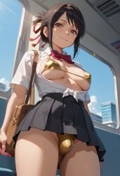 1futa 2d ai_generated bag balls bangs bikini_under_clothes black_hair black_skirt bowtie breasts brown_hair bulge bulge_through_clothing closed_mouth cute flaccid front-tie_top futa_only futanari golden_bikini kimi_no_na_wa light_skin looking_at_viewer low-angle_view medium_breasts micro_bikini miyamizu_mitsuha nipple_bulge open_clothes panties petite pleated_skirt ribbon santopati seductive seductive_look seductive_smile self_upload skirt smile solo solo_futa standing train train_interior uncensored uniform white_shirt