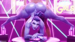 1boy 1girls 3d absurd_res ass ass_grab ass_up big_ass female hi_res high_heels highres jack-o_pose nemesis_3d overwatch penetration shiny_skin thick_thighs thighs widowmaker