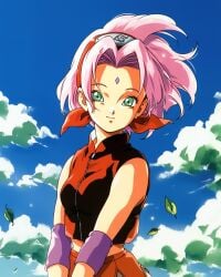 1990s_(style) 1girls 2d clouds female female_only full_color fully_clothed green_eyes hairband kontrared naruto naruto_shippuden no_penetration pink_hair retro_artstyle sakura_haruno sakura_haruno(shippuden) solo solo_female