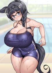 big_breasts blue_eyes braided_hair breasts cleavage collarbone curvaceous curvaceous_female curvy curvy_figure horse_girl huge_breasts large_breasts light-skinned_female light_skin massive_breasts nantokan4black_hair one-piece_swimsuit pool school_swimsuit short_hair swimsuit swimwear thick_thighs tight_clothing umamusume umamusume_pretty_derby zenno_rob_roy_(umamusume)