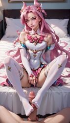 ai_generated bed dress elbow_gloves fingerless_gloves footjob footjob_with_legwear gloves hair_ornament kai'sa league_of_legends panties pink_eyes pink_hair riot_games skirt star_guardian_kai'sa star_guardian_series thighhighs