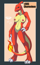 2011 anthro beige_skin blue_eyes breasts charmeleon claws closed_mouth collaboration color female female_only fire front_view mingchee navel nintendo nipples notorious84 nude pinup pokemon pokemorph pussy red_skin solo standing tail tail_fire the_pokedex_project vulva