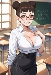 1girls ai_generated big_breasts blunt_bangs blush boruto:_naruto_next_generations breasts classroom cleavage curvaceous curvy curvy_body curvy_female curvy_figure double_bun eyewear female female_focus female_only glasses grin high_resolution indoors light-skinned_female light_skin looking_at_viewer mature mature_female milf narugirlshot naruto naruto_(series) naughty_face no_bra oppai pale-skinned_female pale_skin pencil_skirt red-framed_eyewear school shirt shirt_tucked_in skirt sleeves_rolled_up smile solo teacher tenten twin_buns unbuttoned_shirt uncensored upper_body white_skin