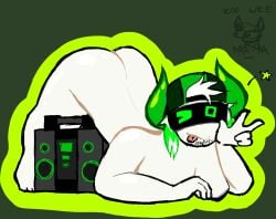 1boy ambiguous_gender boombox boombox_(phighting) breasts chubby chubby_male colored_hair downward_dog hair_highlights hat horn horns man_boobs neon_colors non-human nude peace_sign tongue_out visor