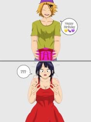 big_ass big_boob big_breasts big_breasts big_butt big_thighs blonde_hair boku_no_hero_academia boob boobs_out breasts breasts clothing comic denki_kaminari gray_eyes happy_birthday hero jiro_kyoka jirou_kyouka kaminari_denki kyoka_jiro kyouka_jirou mini_comic my_hero_academia neckline ograniczony one_girl one_man outfit present purple_hair sex sexy tomboy yellow_hair
