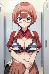 1girls ai_generated bokutachi_wa_benkyou_ga_dekinai bra breasts looking_at_viewer ogata_rizu_(bokuben) shirt_open solo