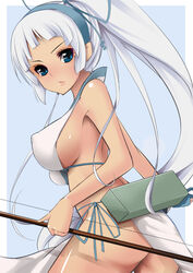 1girls ass bare_shoulders blue_eyes blush breasts erect_nipples hairband long_hair looking_at_viewer majikina_mina ponytail samurai_shodown sideboob silver_hair solo tied_hair