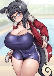 blue_eyes breasts cleavage collarbone horse_girl huge_breasts large_breasts light-skinned_female light_skin massive_breasts nantokan4black_hair one-piece_swimsuit school_swimsuit short_hair umamusume umamusume_pretty_derby zenno_rob_roy_(umamusume)