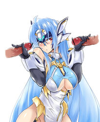 android blue_hair blush breasts censored cleavage cleavage_cutout double_handjob handjob heart kos-mos large_breasts multiple_penises negresco penis pinky_out red_eyes underboob xenosaga xenosaga_episode_iii