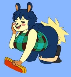 2017 animal_crossing anthro ass bent_over big_breasts big_butt black_clothing black_nose black_shirt black_t-shirt black_topwear blonde_hair blue_background blue_body blue_ears blue_fur blue_hair blue_tail blush bottomless breasts brown_body brown_clothing brown_fur brown_topwear brown_vest buckteeth closed_eyes clothed clothing cunnilingus digital_media_(artwork) duo female female_focus fur green_clothing green_topwear green_vest hair hand_on_face hand_on_leg hand_on_own_face human lagomorph leg_grab leporid looking_pleasured male male/female mammal multicolored_body multicolored_clothing multicolored_fur multicolored_topwear multicolored_vest nintendo oral partially_clothed pippy_(animal_crossing) rabbit roccorox scut_tail sex shirt short_tail simple_background solo_focus t-shirt tail tan_body tan_ears tan_skin teeth thick_thighs three-quarter_view tongue topwear vaginal_penetration vest yellow_body yellow_fur