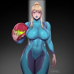 1girls armor big_breasts bimbo blonde_hair blue_eyes bodysuit breasts curvy female female_only helmet helmet_with_visor holding_helmet lipstick looking_at_viewer metroid metroid_dread nail_polish nintendo pinkdrawz samus_aran solo solo_female thick_thighs varia_suit_helmet zero_suit zero_suit_samus