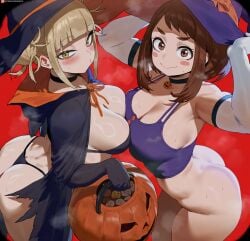 2girls absurd_res accessory armpits arms_up ass big_ass big_breasts blonde_hair blush boku_no_hero_academia breasts brown_eyes brown_hair choker clothed clothing collar curvaceous curvy curvy_figure digital_media_(artwork) duo eyebrows eyebrows_visible_through_hair eyelashes female female_focus female_only glistening glistening_body halloween halloween_costume headgear headwear heroine hi_res himiko_toga hourglass_figure light-skinned_female light_skin looking_at_viewer motion_lines musk_clouds my_hero_academia nervous ochako_uraraka shexyo skinny superheroine sweat sweatdrop sweaty tagme thick_thighs voluptuous voluptuous_female wide_hips yellow_eyes