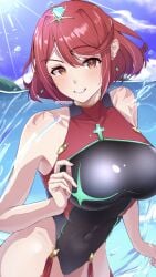 1girls absurdres bare_shoulders beach black_one-piece_swimsuit breasts brown_eyes chest_jewel core_crystal_(xenoblade) covered_navel cowboy_shot female highres large_breasts looking_at_viewer ocean one-piece_swimsuit pyra pyra_(xenoblade) red_hair red_one-piece_swimsuit shikohatsu solo sunlight swimsuit tiara water_drop xenoblade_chronicles_(series) xenoblade_chronicles_2