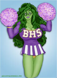 breasts cheerleader cheerleader_uniform cleavage cosplay glasses green_skin groovygoddess large_breasts marvel panty_shot she-hulk she-hulk_(cosplay)