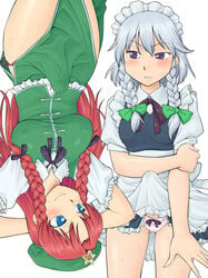 2futas blouse blue_eyes braid bulge cameltail color erection futa_only futanari hinemosu hinemosu_notari hong_meiling intersex maid maid_headdress maid_uniform multiple_girls panties penis pink_panties purple_eyes red_hair sakuya_izayoi shirt side-tie_panties the_embodiment_of_scarlet_devil touhou underwear white_hair