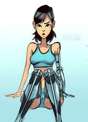 black_hair confused_look cyborg dresden_codak kimiko_ross polyle robotic_arm robotic_legs solo sports_bra webcomic