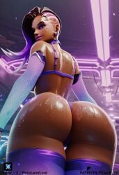 ai_generated big_ass big_breasts black_male bra cameltoe latina overwatch overwatch_2 pornlandlord purple_background purple_eyes shorts sombra thick thick_thighs wet