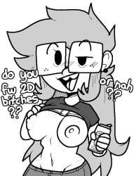 2020s 2024 2d beer black_eyes bra bra_lift breasts breasts_out deatthot deatthot_(character) drinking_alcohol drunk earrings flirting flirting_with_viewer freckles freckles_on_breasts freckles_on_face freckles_on_hips glasses light-skinned_female long_hair monochrome navel presenting shirt_lift solo tagme talking_to_viewer white_background