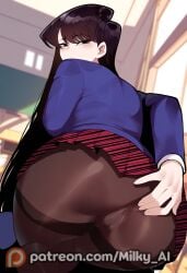 ai_generated big_breasts black_hair from_behind from_below grabbing_ass grabbing_own_ass hi_res komi-san_wa_komyushou_desu komi_can&#039;t_communicate komi_shouko long_hair milky_ai panties pantyhose portrait pussy_peek school_uniform schoolgirl see-through thick_thighs white_shirt