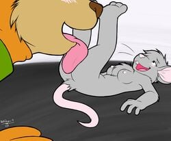 anthro ass blush breasts canine chest_tuft couple female fur furry housepets! joey_(housepets!) licking male mouse nipples nude on_back open_mouth oral oral_sex rodent rxjaguar size_difference smile squeak_(housepets!) straight tail tongue webcomic