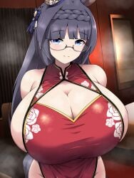 big_breasts black_hair blue_eyes breasts china_dress chinese_clothes cleavage cleavage_cutout horse_girl huge_breasts large_breasts light-skinned_female light_skin short_hair sinoa_es traditional_clothes umamusume umamusume_pretty_derby zenno_rob_roy_(umamusume)