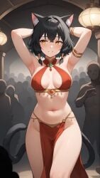 arms_up bankonit black_hair blush cat_ears cat_tail catgirl covered_nipples dancer_outfit fantasy freckles freckles_on_breasts freckles_on_face hands_behind_head jewelry midriff navel pelvic_curtain pokies short_hair smile tavern thighs waist yellow_eyes