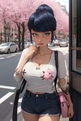 ai_generated blue_eyes blue_hair cherry_blossoms chloenette69 jean_shorts large_breasts looking_at_viewer marinette_cheng marinette_dupain-cheng miraculous_ladybug pink_purse ponytail tattoos white_t-shirt