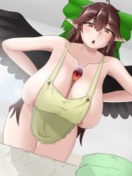 1girls almost_naked bed big_breasts black_wings blush breasts breasts_bigger_than_head brown_hair color colored crow_girl crow_wings curvy curvy_figure female housewife huge_breasts long_hair pointy_ears practically_nude red_eyes reiuji_utsuho reiuzium09 ribbon ribbon_in_hair sole_female thick_thighs thighs third_eye touhou utsuho_reiuji visible_nipples voluptuous voluptuous_female yokai youkai