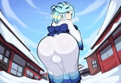 1boy ai_generated ass back backsack balls big_ass bubble_butt dat_ass dress femboy femboy_only grusha_(pokemon) gym_leader japanese_clothes kimono mullon penis pokemon pokemon_sv see-through snow testicles that_ass_was_fat town trap