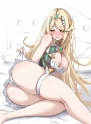 1girls :d ass bare_legs bed blonde_hair blush breasts circlet clothes_lift core_crystal core_crystal_(xenoblade) dress female heart heart-shaped_pupils highres kneepits large_breasts long_hair looking_at_viewer microdress mythra mythra_(xenoblade) okazu2010015 open_mouth panties pillow simple_background skirt skirt_lift smile solo swept_bangs symbol-shaped_pupils thigh_strap underwear very_long_hair white_background white_dress white_panties xenoblade_chronicles_(series) xenoblade_chronicles_2 yellow_eyes