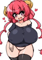 breasts_bigger_than_head covered_nipples dragon_girl dragon_horns female female_focus female_only horns huge_breasts humanoid hyper_breasts ilulu_(dragon_maid) ilulu_(maidragon) light-skinned_female light_skin looking_at_viewer miss_kobayashi's_dragon_maid moyashi_udon nipple_bulge on_knees panties pasties red_hair shortstack small_but_busty tongue_out twintails voluptuous