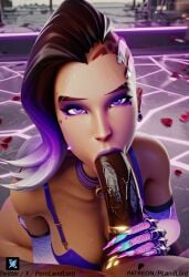 ai_generated big_ass big_breasts black_male bra cameltoe latina overwatch overwatch_2 pornlandlord purple_background purple_eyes shorts sombra thick thick_thighs wet