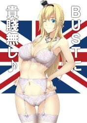 1girls big_breasts blonde_hair blue_eyes bra braided_hair breasts crown garter_belt garter_straps japanese_text kantai_collection kuurunaitsu lingerie long_hair looking_at_viewer necklace pale-skinned_female pale_skin panties solo solo_female solo_focus text union_jack voluptuous warspite_(kantai_collection) white_bra white_garter_belt white_garter_straps white_lingerie white_panties wide_hips wink