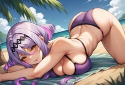 ai_generated ass ass_up beach bikini female female_only figue golden_eyes large_breasts looking_at_viewer lying multicolored_hair pale-skinned_female pale_skin purple_hair short_hair smile soul_hackers_2