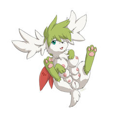 anthro breasts chest_tuft female green_eyes hatiimiga multi_breast on_back pokemon pokemon_(species) pussy shaymin shaymin_(sky_form) spread_legs spreading